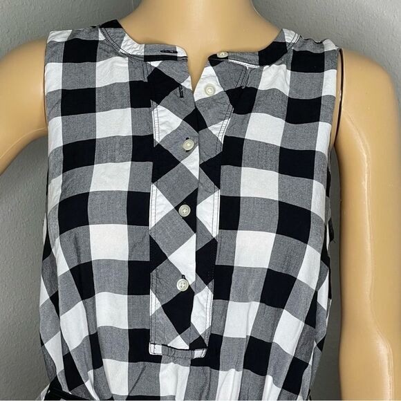LOFT Ann Taylor Sleeveless Plaid Tunic V-Neck Top Black White 1/2 Button Pockets - Picture 9 of 11